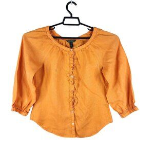 Womens Orange Lauren Ralph Lauren 100% Linen Blouse Top 3/4 Sleeves button up XS
